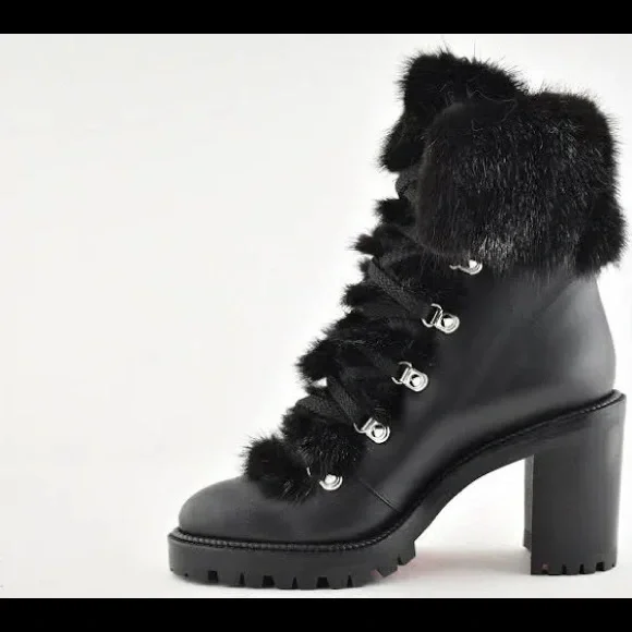 ISO Christian Louboutin Fanny 70 Black Calf Leather Fur Heel Combat Boots.8-8.5 - Picture 3 of 7